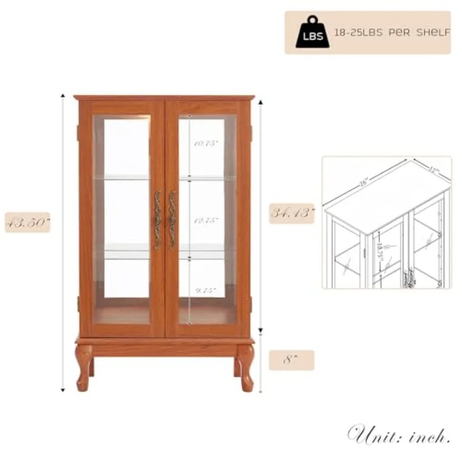 Living room wine artwork showcase rack: lighted glass curio cabinet, vintage china cage style, clear tempered glass doors, adju