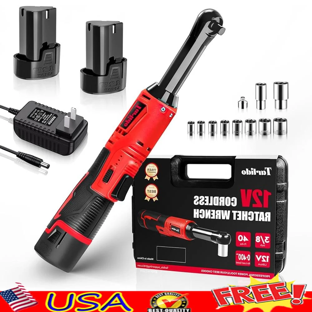 

Беспроводной электрический ключ с храповым механизмом 12 В, 3/8 дюйма, 40 фунтов фунтов, 400 об/мин, удлиненная гайка со светодиодной подсветкой и набором быстрого зарядного устройства