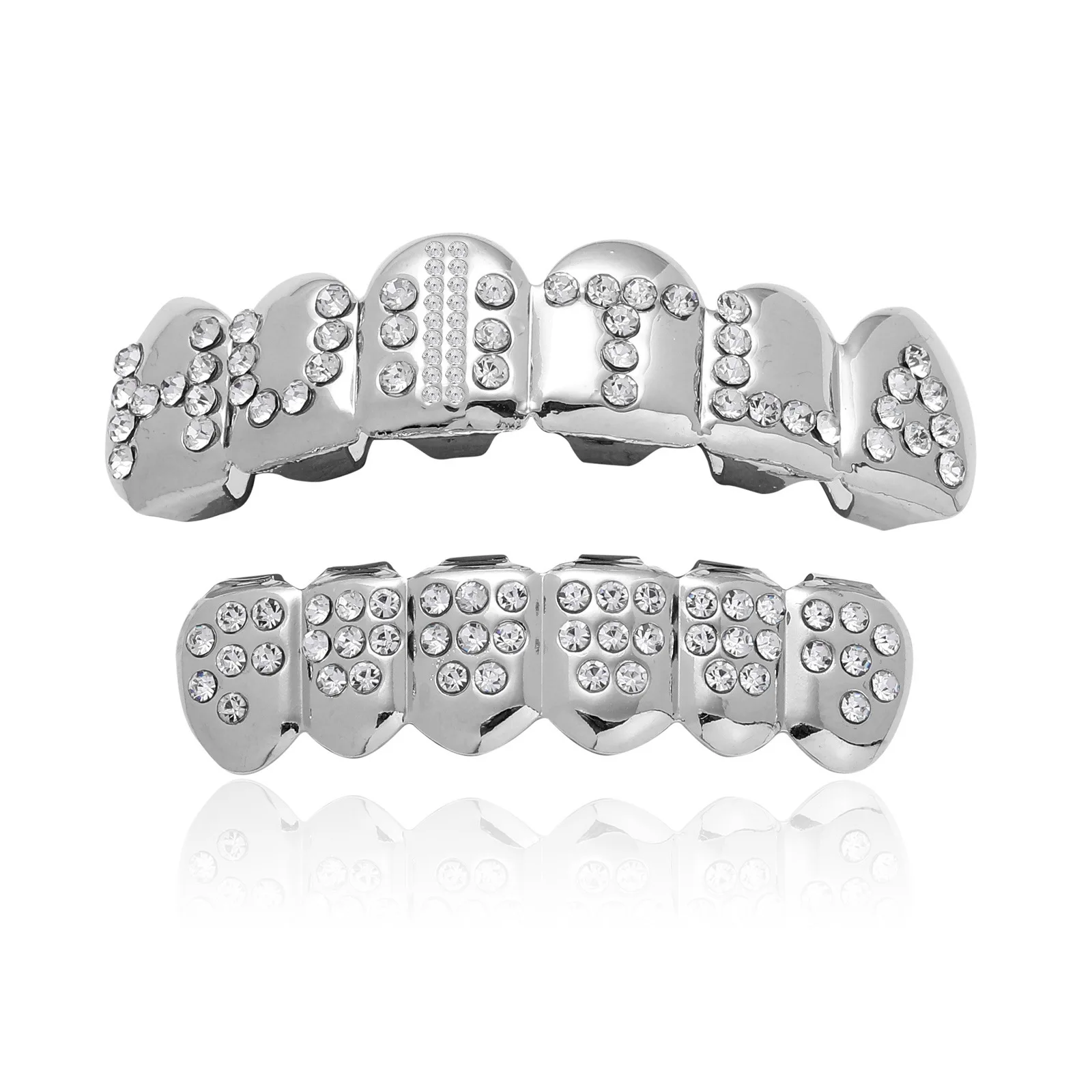 CZ Stones Teeth Grillz Caps Cubic Zircon Iced Out Micro Pave Top&Bottom Charm Grills Set For Men Women Hip Hop Xmas Jewelry