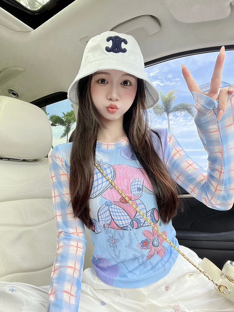 

Синяя футболка American Sle Long Sve, женская летняя облегающая универсальная персональная футболка с мультяшным принтом, дышащая потная абсо...