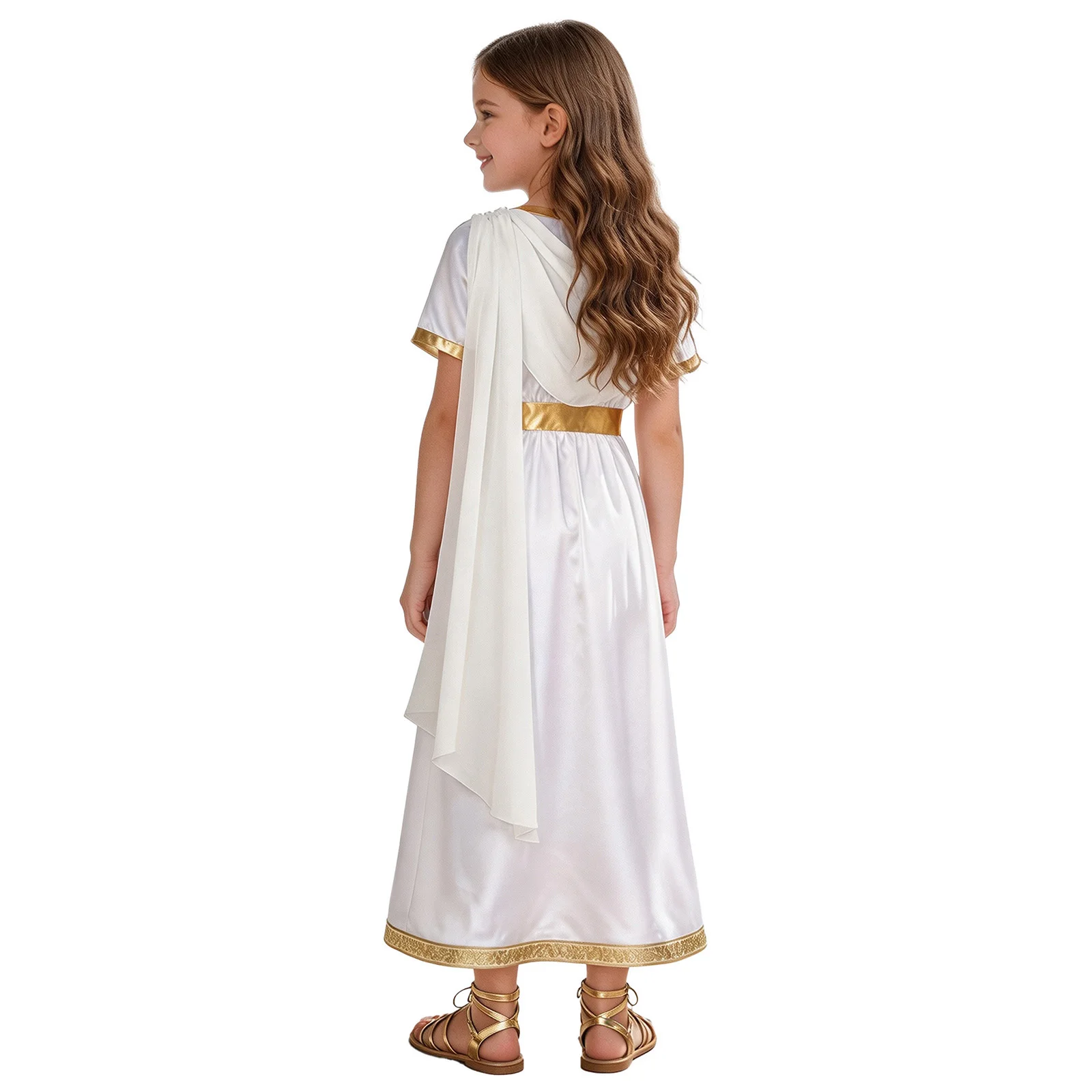 Girls Ancient Greek Athena Goddesses Princess Dress Halloween Greece Roman Toga Costume Shawl Cape Satin Robe Carnivals Dress Up