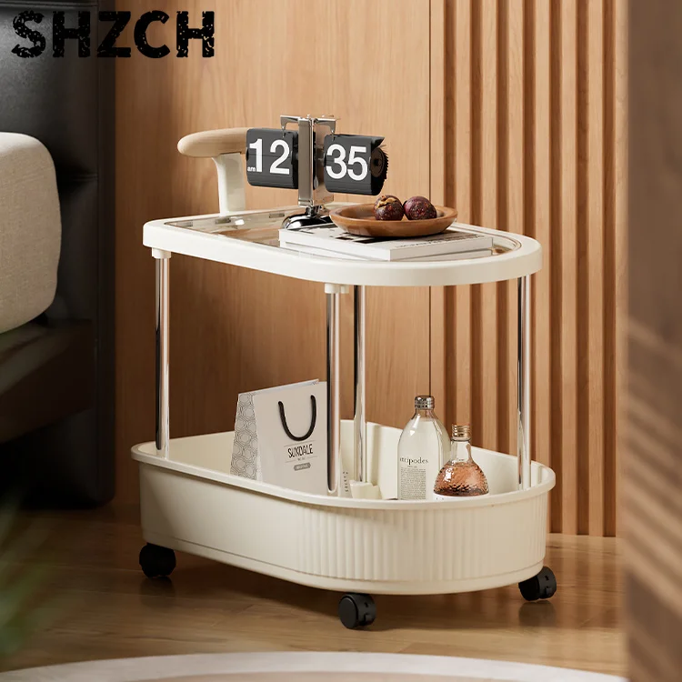 Cream Style Mobile Storage Cart, Multi-Tier Rolling Shelf Unit with Wooden Handles, Versatile Nightstand Snack Cart for Home