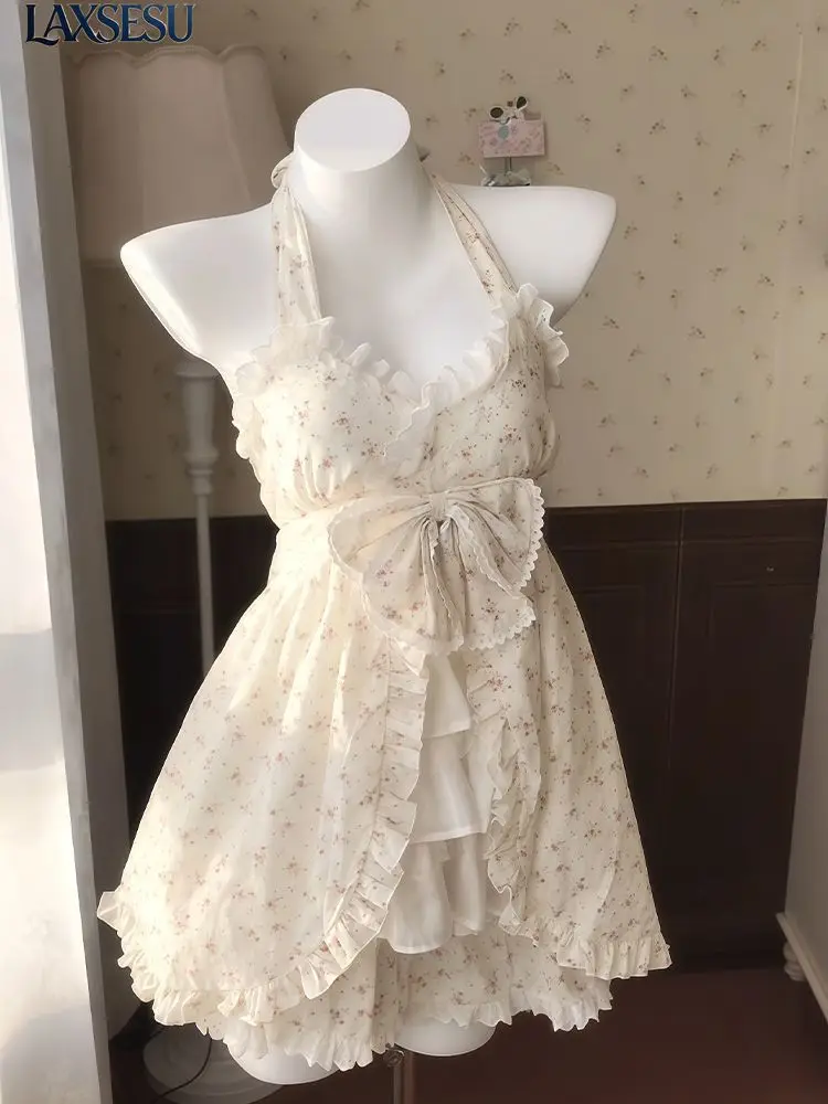 Japanese Summer New Sweet Girl Dresses Set Hanging Neck Butterfly Knot Floral Strap Short Dress with Skirt Sets for Women