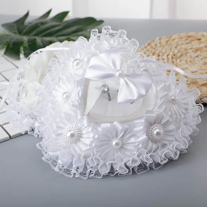 Heart Ring Cushion Holder White Flower Lace Bow Wedding Ring Bearer Pillow Wedding Ring Box for Ceremony Proposal D5QB