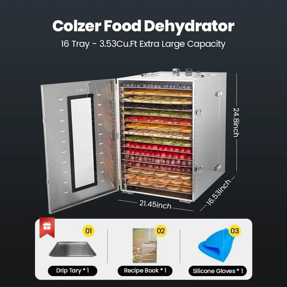 Máquina deshidratadora de alimentos comercial, 16 bandejas, deshidratador de alimentos grande para Jerky 104 ° F-194 ° F, deshidratador de acero inoxidable