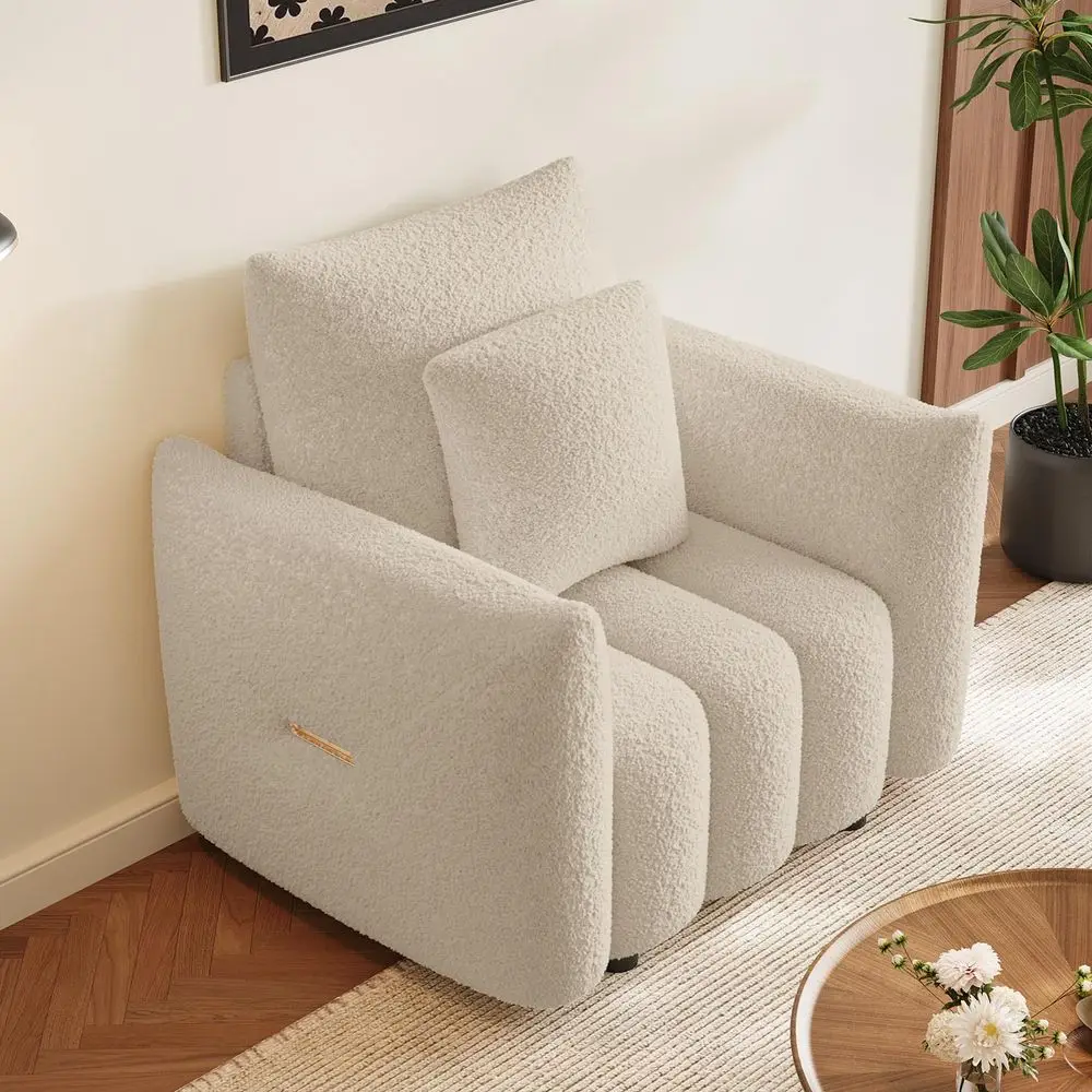 

Boucle Cloud Sofa Couch, Modern Deep Seat Boucle Single Sofa Chair, Comfy Upholstered Sherpa Couch with Pillow, Oversized Accen