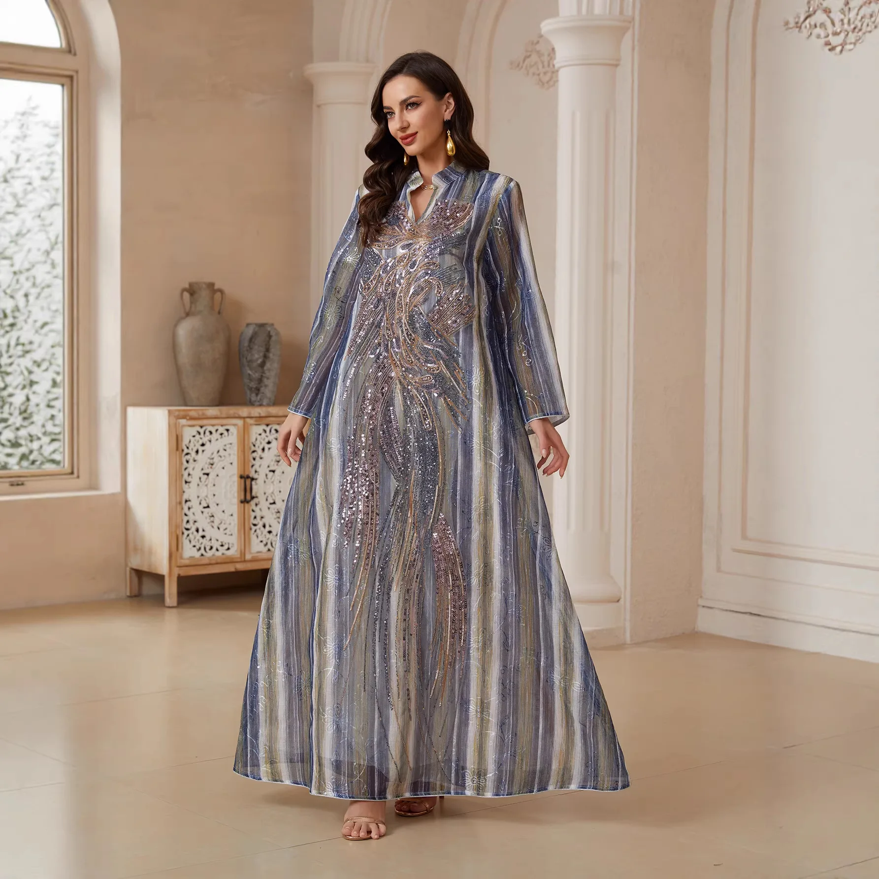 Grey Mesh Sequins Embroidered Loose Fit V-neck Long Sleeve Abaya Dresses for Women Middle East Arabian Fashion Female Clothes