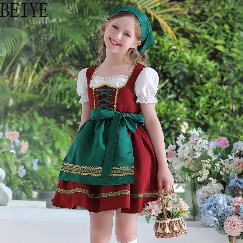 Toddler Girls German Traditional Dirndl Dress Puff Sleeve Lace Up Satin Dress and Apron Children Oktoberfest Halloween Costume