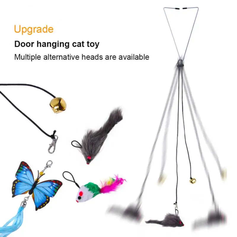 Mouse Cat Stick Door Hanging Adhesive Hook Interactive Funny Cats Play Exercise Cat Scratch Rope With Bell Retractable Mouse Toy