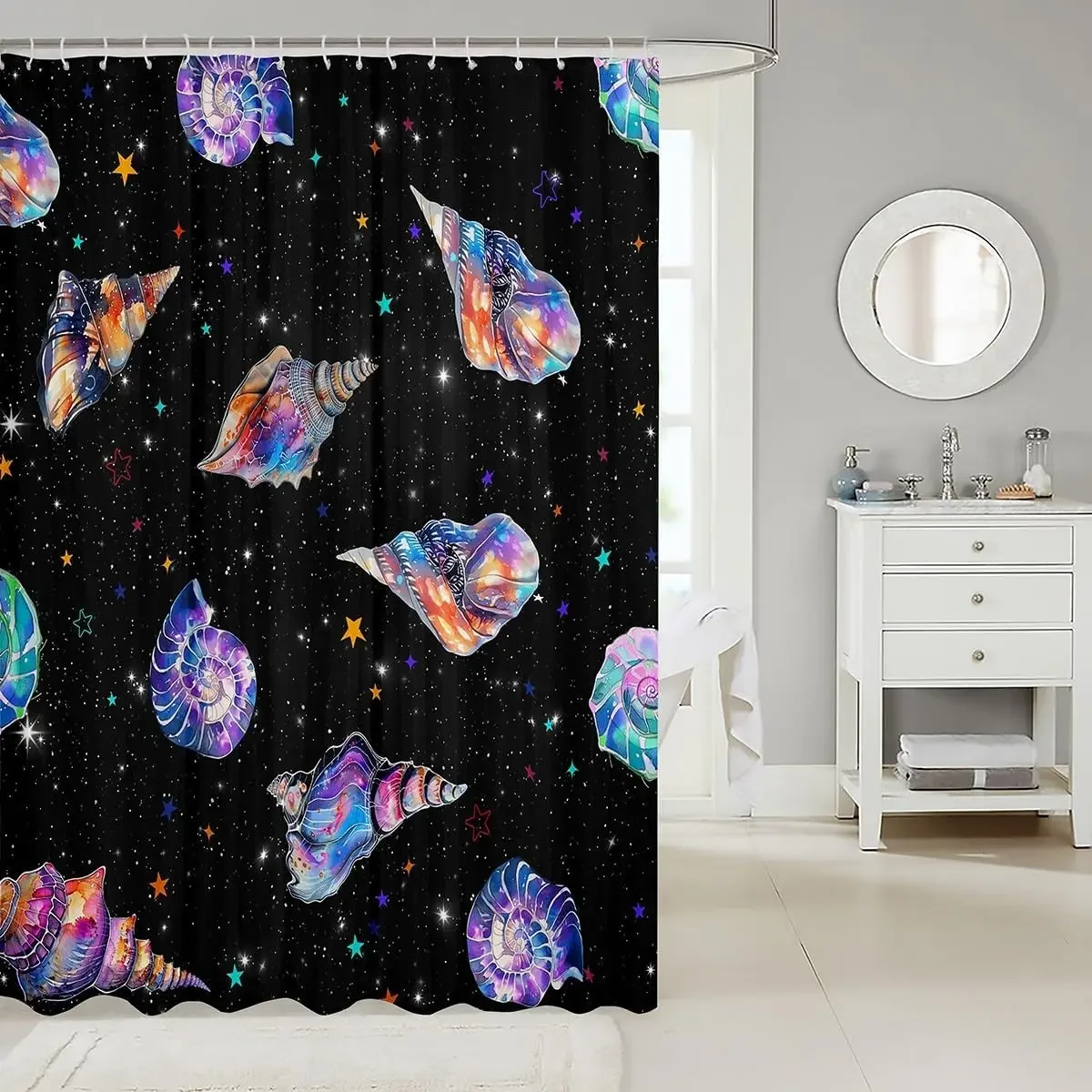 Ocean Conch Shower Curtain Watercolor Sea Snail Tie Dye Rainbow Starry Stars Sparkling Glitter Galaxy Decor Hooks