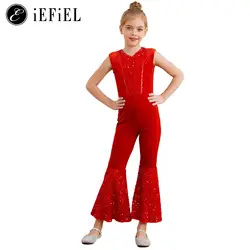 Kids Girls Miss Santa Disco Dance Stage Performance Costume Shiny Sleeveless Bell Bottom One Piece Jumpsuits for Christmas