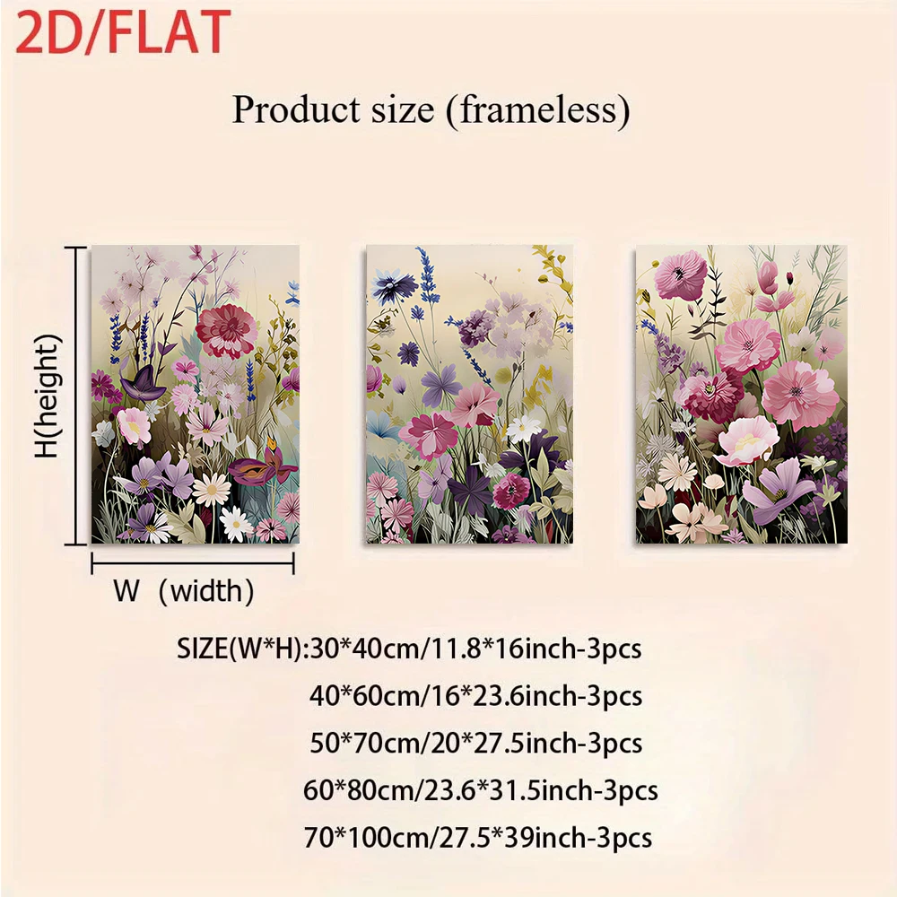 1 set of triptych frameless decorative paintings, modern minimalist floral living room 2D plan