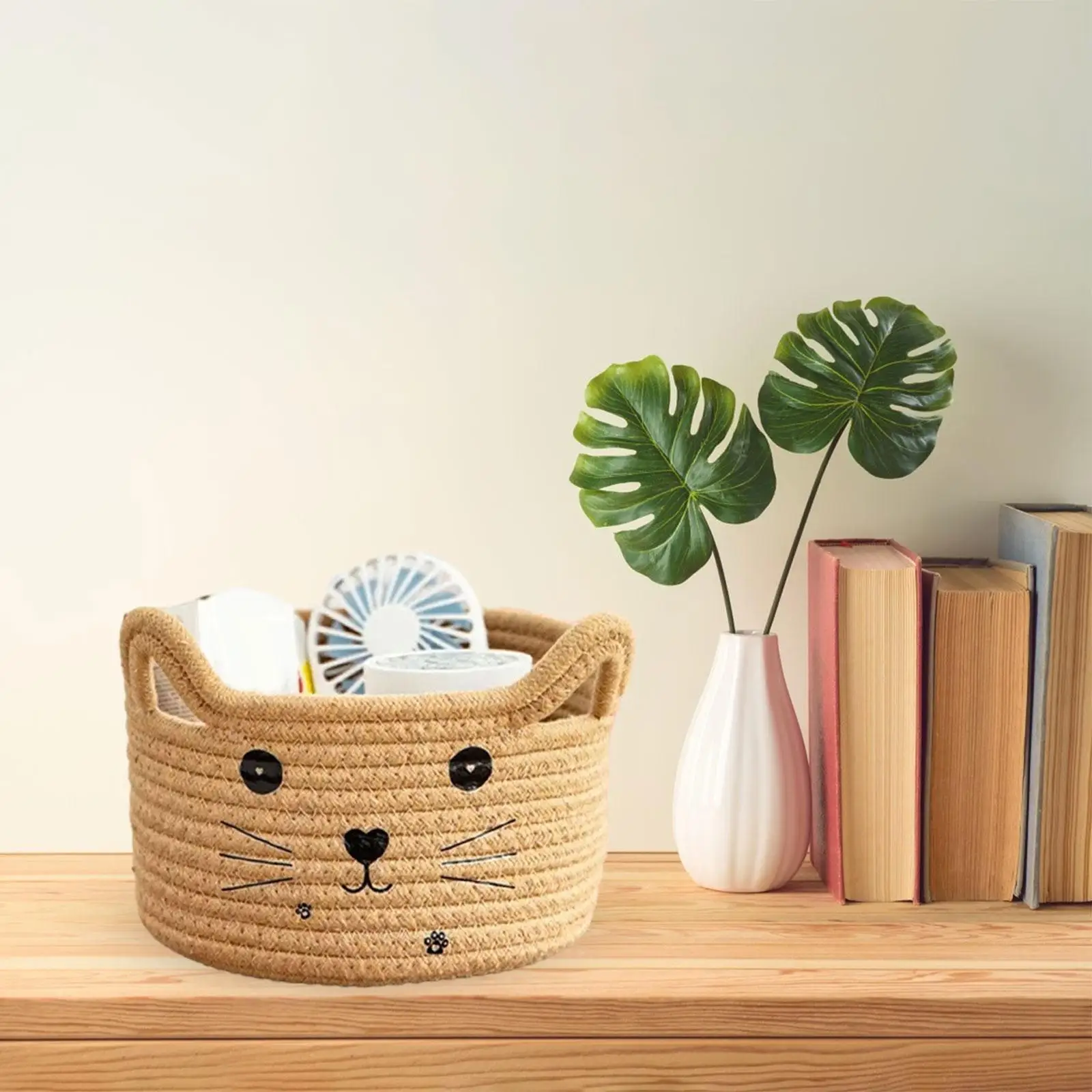 Cat Storage Basket Space Saving Multifunction Round Cute Cotton Rope Hand Woven for Chocolate Sundries Breakfast Dinner Snacks