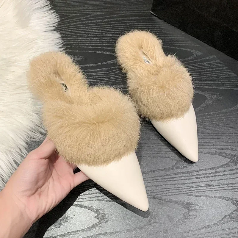 Fashion Winter Plush Women Mules Slippers Slip on Warm Woman Slipper Faux Fur Flat Shoes Pointed Toe Female Ladies Shoes