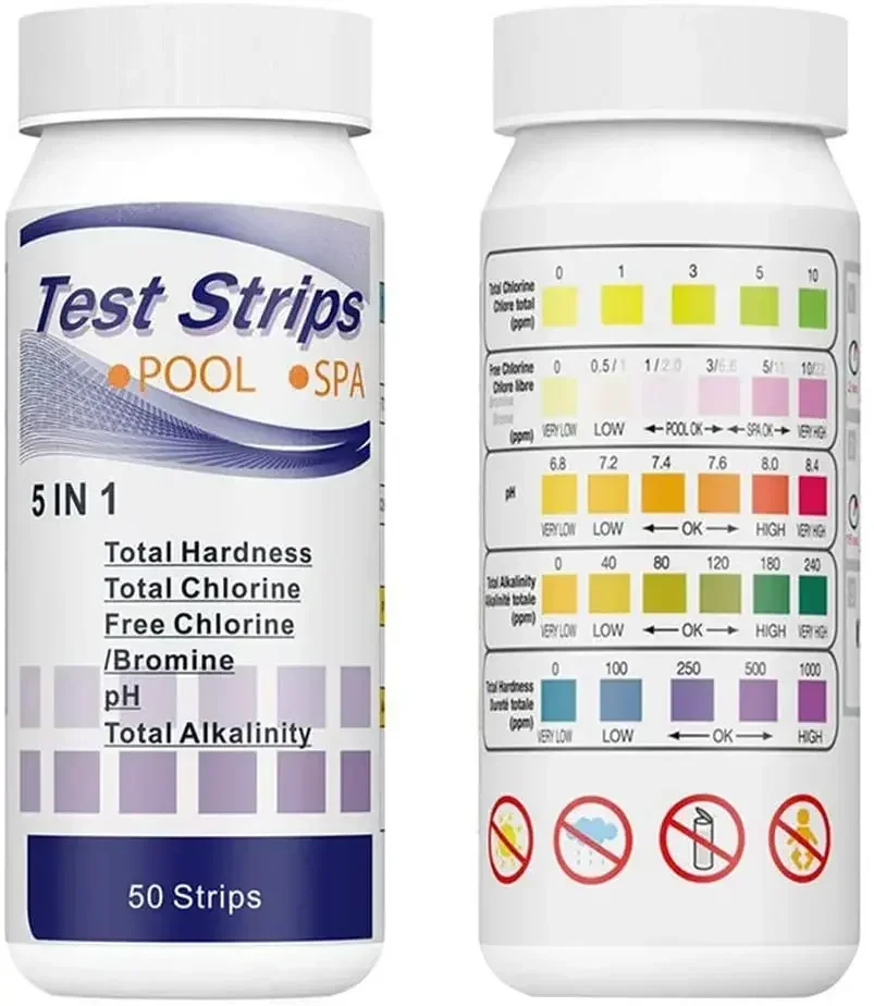 50pcs Multipurpose 5 in 1 Chlorine PH Test Strips SPA Swimming Pool Water Tester Paper Hardness Tool