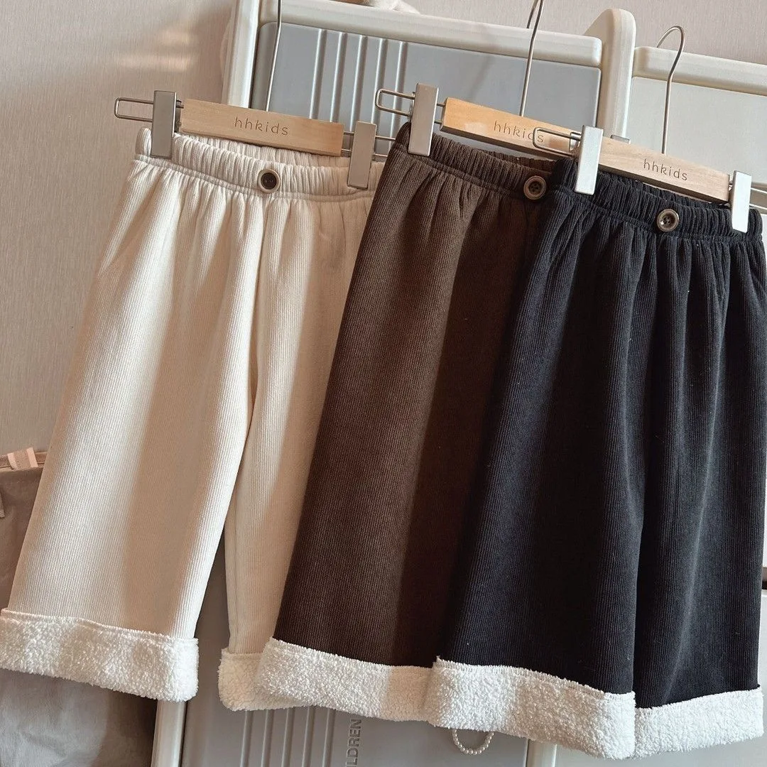 Girls' Winter Casual Pants Baby Foreign Style Children's Thickened Integrated Fluff-edged Corduroy Wide-leg Pants