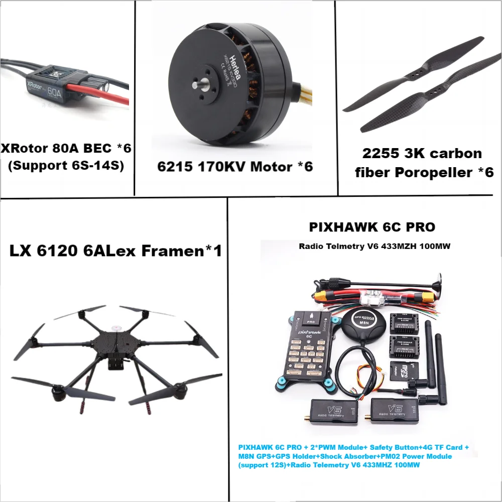 LX6120 Pixhawk 6C PRO M8N M9N M10 Full Carbon Fiber 1200mm Hexa-Rotor Frame X-Roter 80A ESC PX4 Flight Control Set 6215 Motor