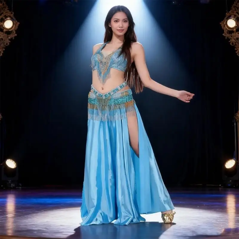 72XE انقسام الساق تعزيز حركة تنورة الرقص الشرقي دوامة الساتان الملمس ملابس المرحلة #3