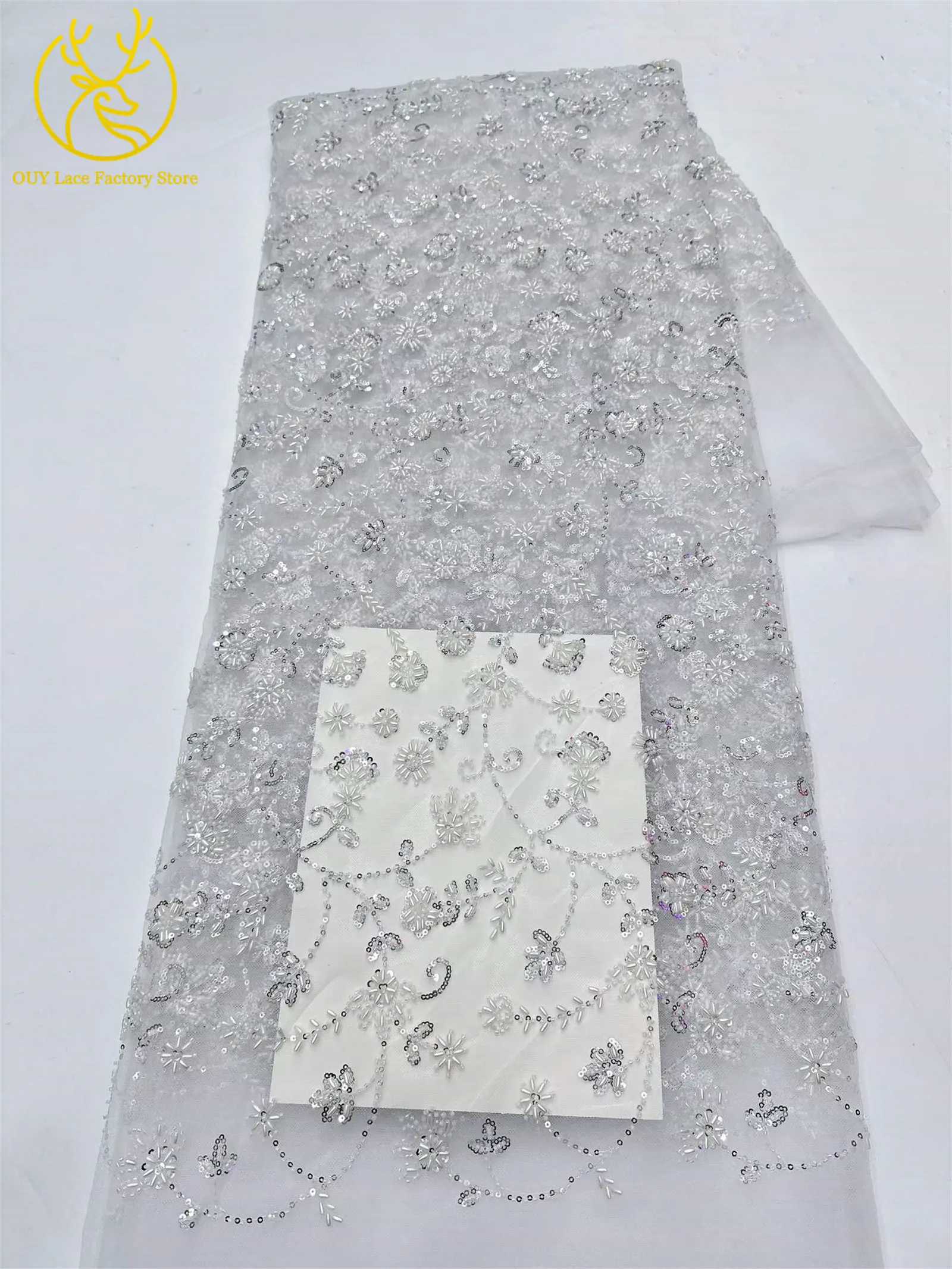 Königsblauer luxuriöser handgefertigter Perlen-Spitzenstoff, 5 Yards, hochwertiger französischer Tüll-Pailletten-Spitzenstoff für Party- und Hochzeitskleider – Detail 16