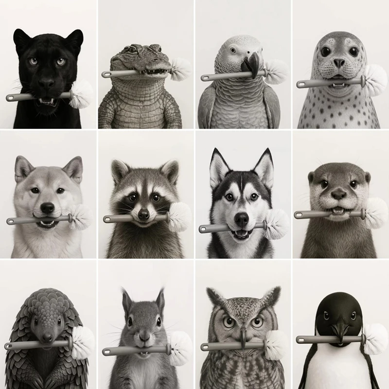 

Black and White Animal Portrait with a toilet brush in its mouth Poster Prints Canvas Wall Art Picture Home Funny Bathroom Decor