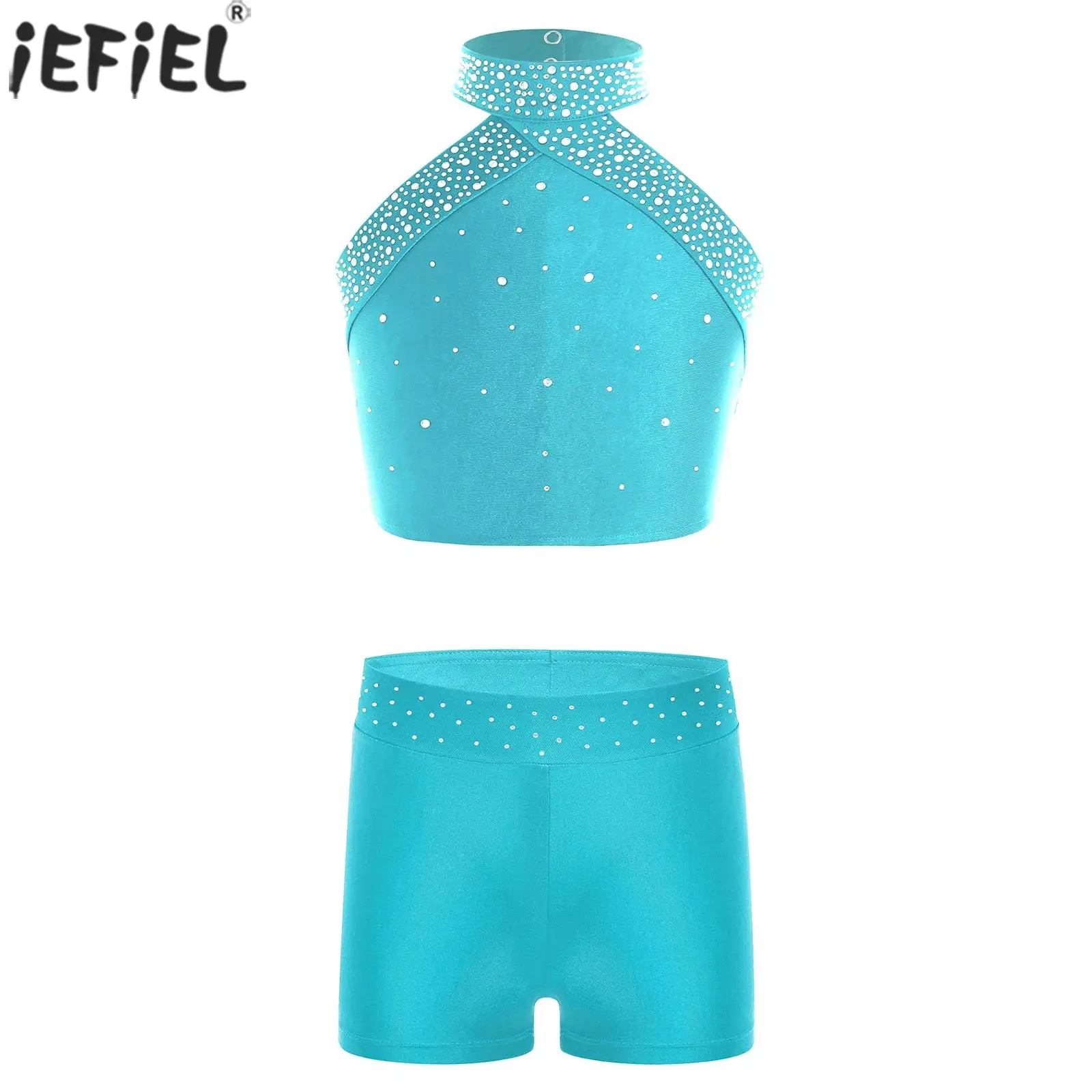 Kids Girls Figure Skating Gymnastics Dance Outfit Shiny Rhinestones Sleeveless Vest with Shorts Ballet Stage Performance Costume