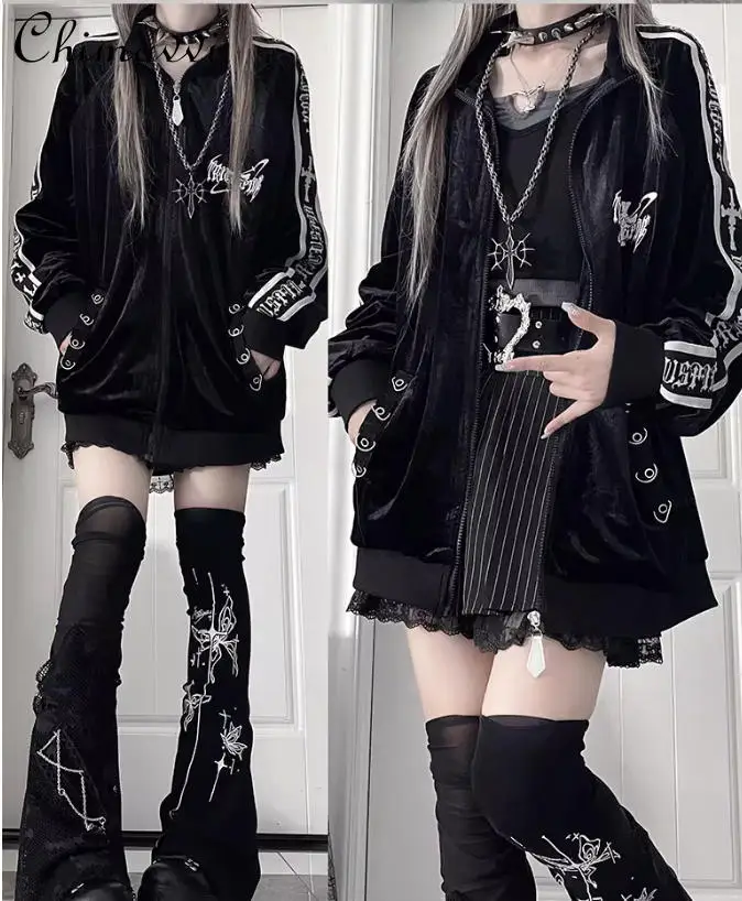 

Original Japanese Punk Velvet Printed Sportswear Jacket Autumn New Subculture Dark Loose Long-sleeved Zipper Sweatshirt Coat