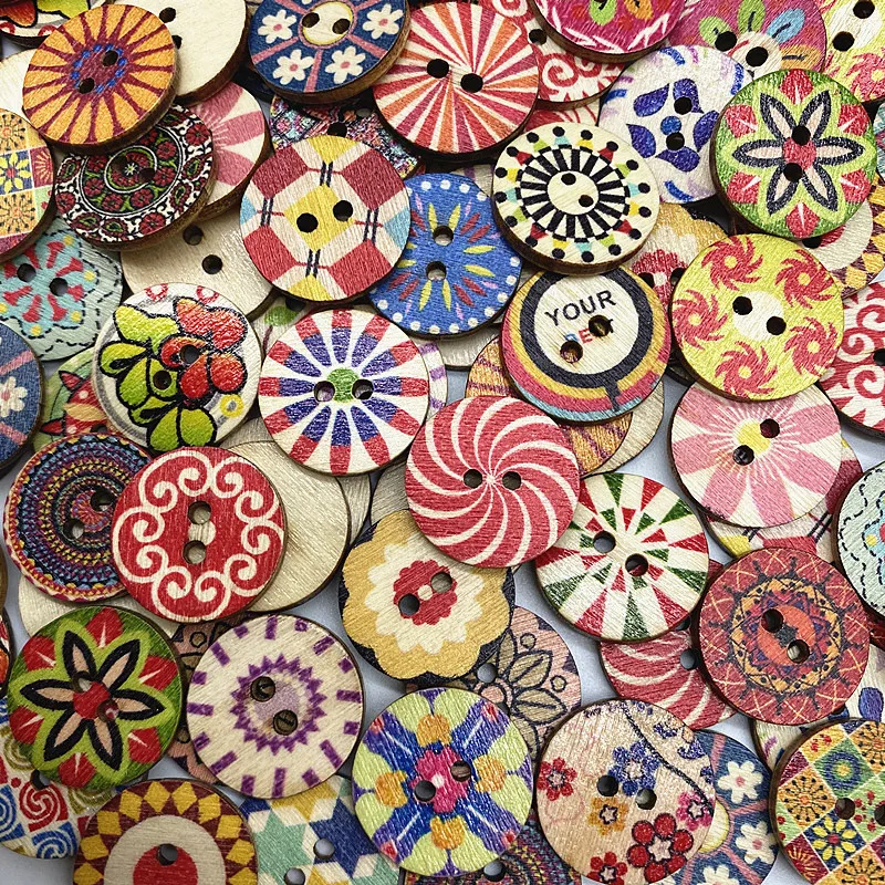 15-25mm Round Multiple Patterns Original Printed Round Wood Buttons Handmade Scrapbooking for Wedding Decor Accessories