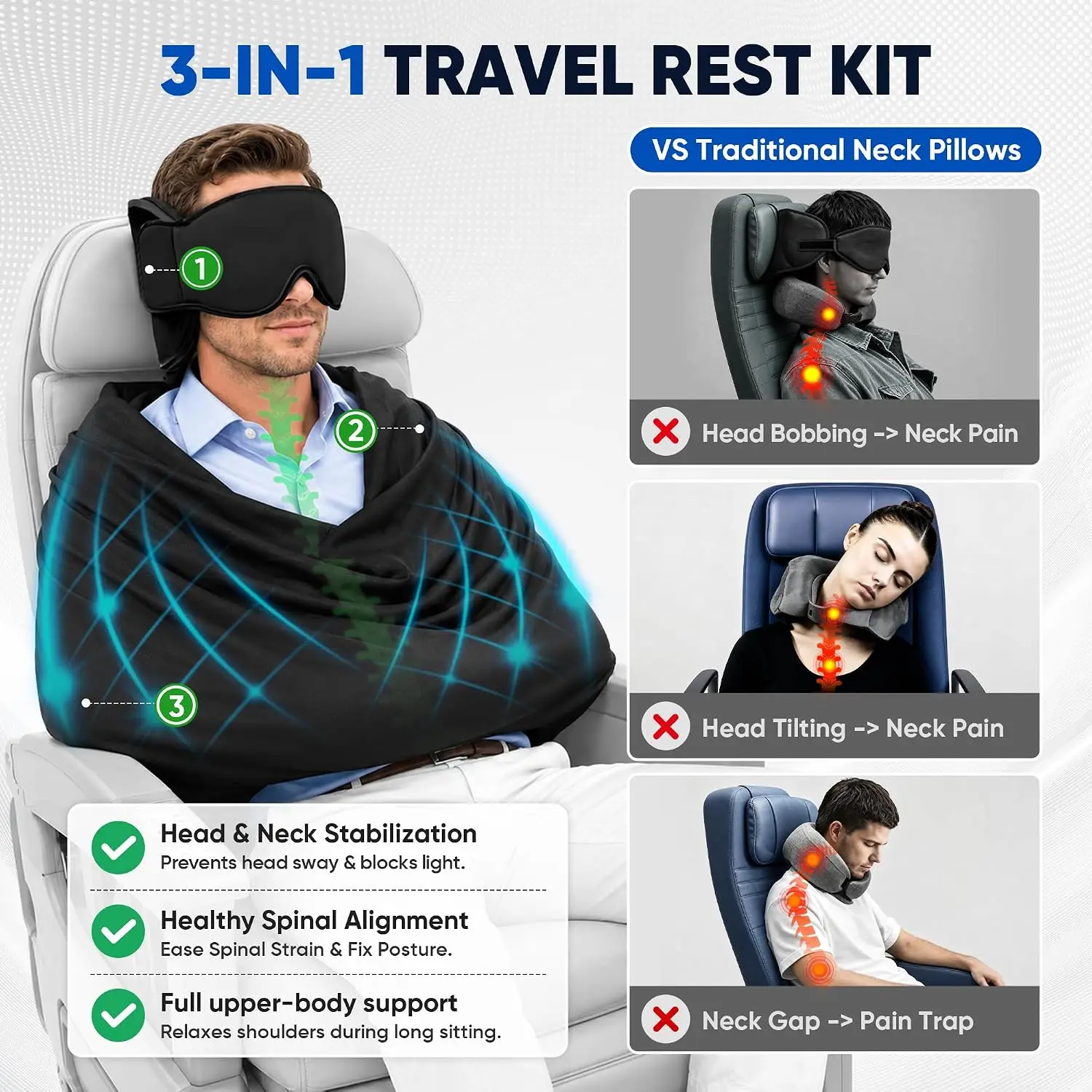 3-in-1 Adjustable EyeMask Airplane Sleep Support System Travel Pillow Multi-Use Office And Home Comfortable Pillow for Traveling
