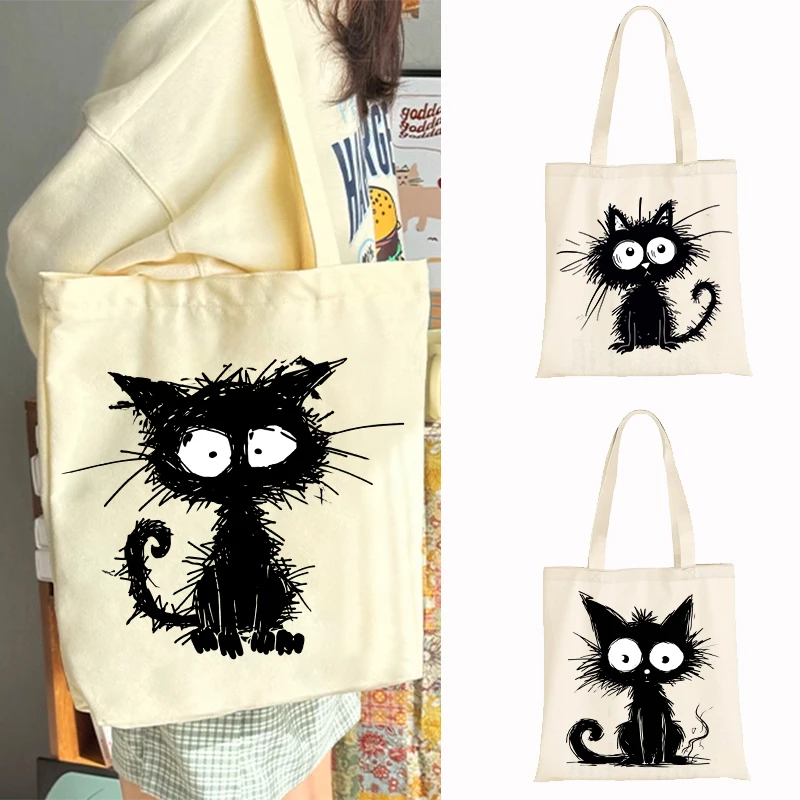 Fun line black cat canvas bag, men's and women's eco-friendly handbag, portable shopping bag, fashionable and large capacity