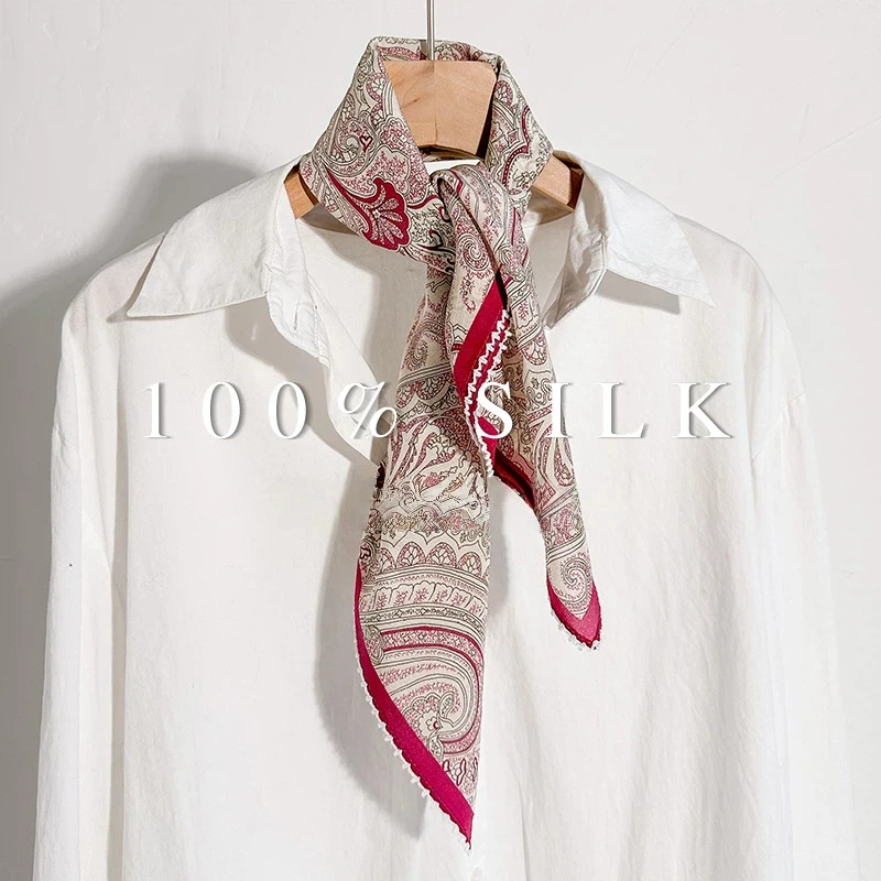 100% Silk Square Scarf for Women Rose Red Paisley Print Silk Bandana with Lace Trim Vintage Neckerchief Lady Accessories