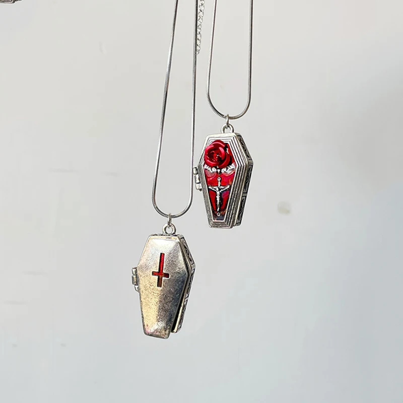 Gothic Sieraden Rode Doodskist Hanger Kettingen Opinable Choker Punk Charms Snake Bone Cross Ketting Voor Vrouwen Grunge Accessoire