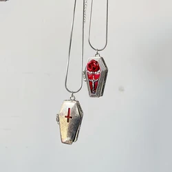 Goth Jewelry Red Coffin Pendant Necklaces Openable Choker Punk Charms Snake Bone Cross Necklace for Women Grunge Accessory