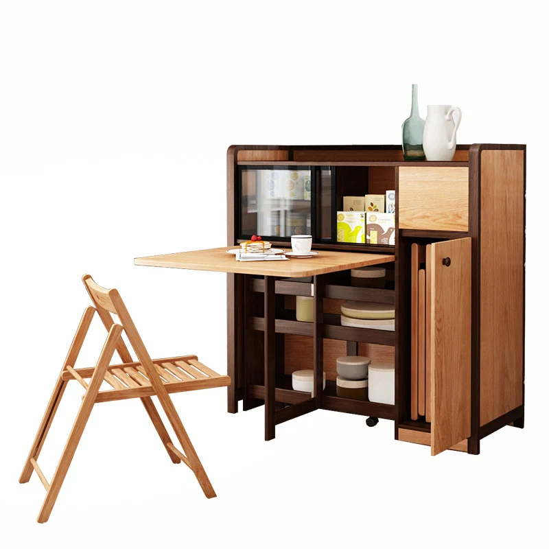 for Dining Room Furniture Matching 5 Chairs Folding Dining Table Set with Storage Side Cabinet