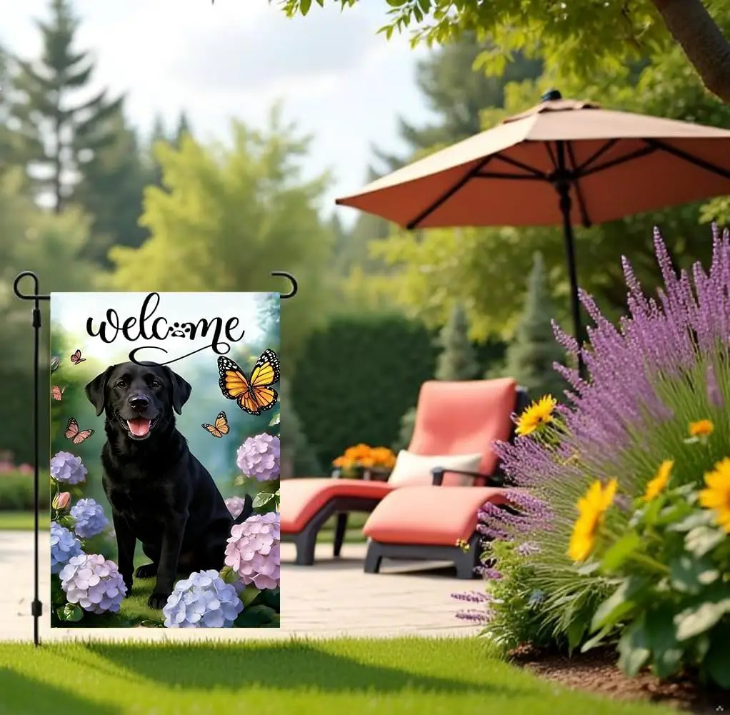 Welcome Spring Summer Garden Flags 2x18 Double Sided, Small Burlap Seasonal Farmhouse Rustic Black Lab Labrador Dog Garden F LLX