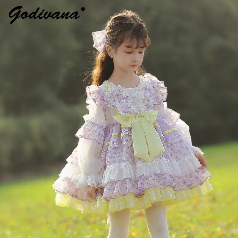 2026 Spring and Autumn New Fashion Baby Girls Lolita Princess Dress Kids Mesh Ruffle Trim Floral Long Sleeve Casual Tutu Dress