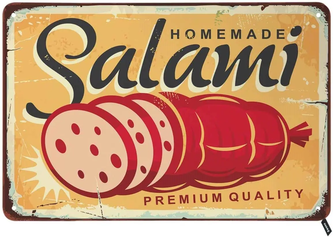 Swono Homemade Salami Retro Poster Tin Signs,Delicious Sausage on Old Yellow Background Vintage Metal Tin Sign for Men Women,Wal