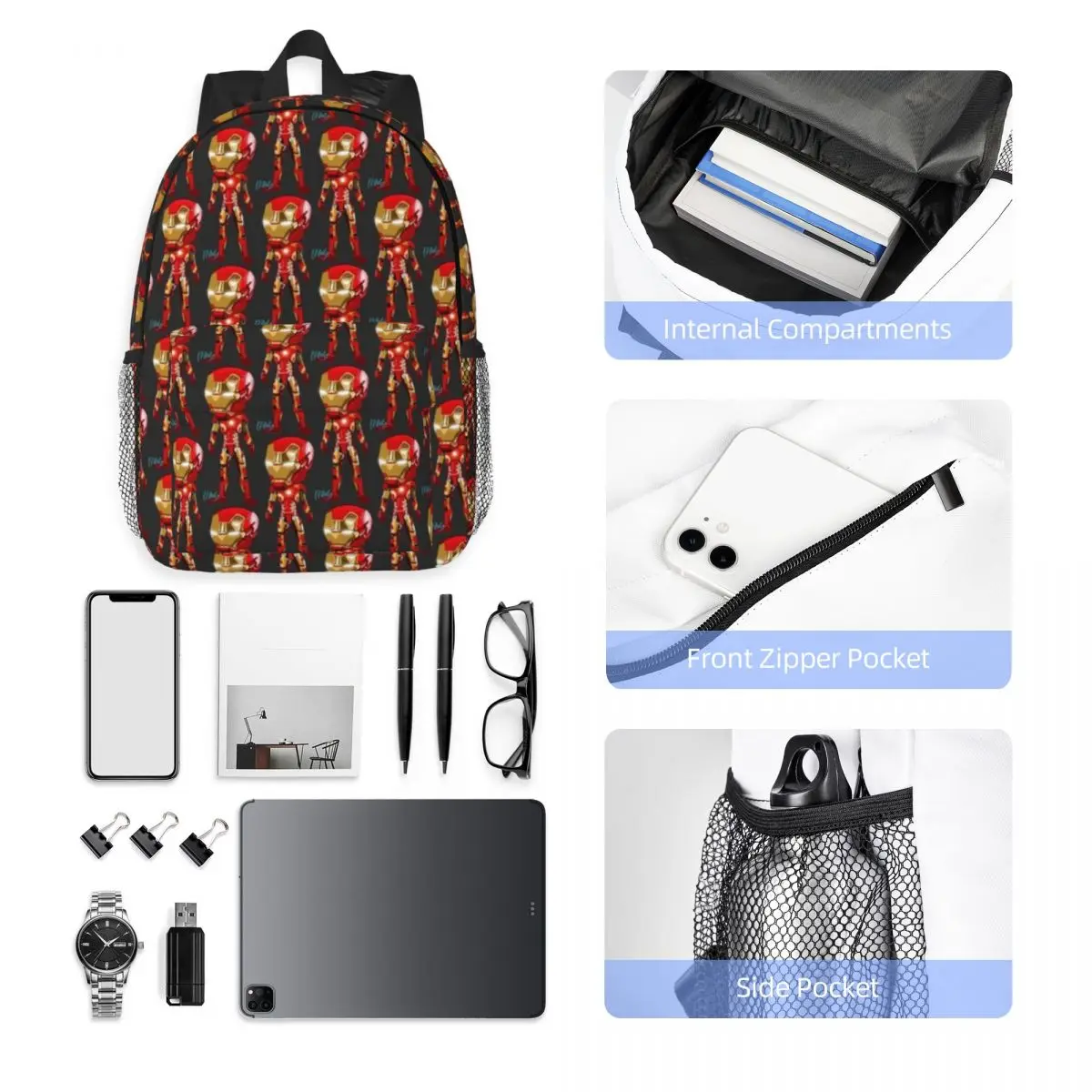 Iron Man Compact 15-Inch Backpack - Stylish Lightweight Bag Perfect for Students and Commuters