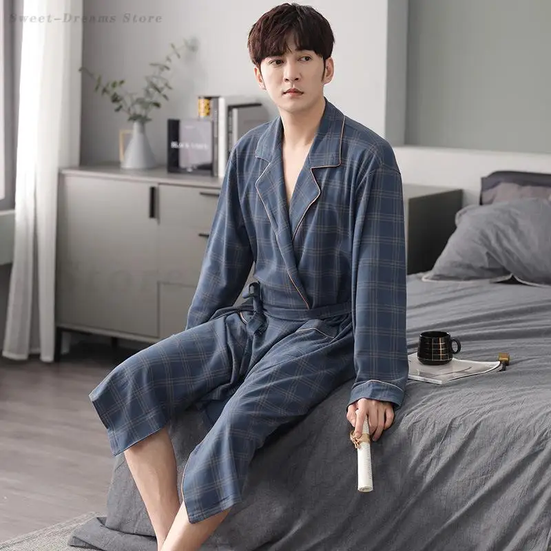 Pure Cotton Long Bath Robe Spring Autumn Plaid Bathrobe Men Sleepwear Kimono Robes For Male Full Bride Robe Dressing Gown M-4XL