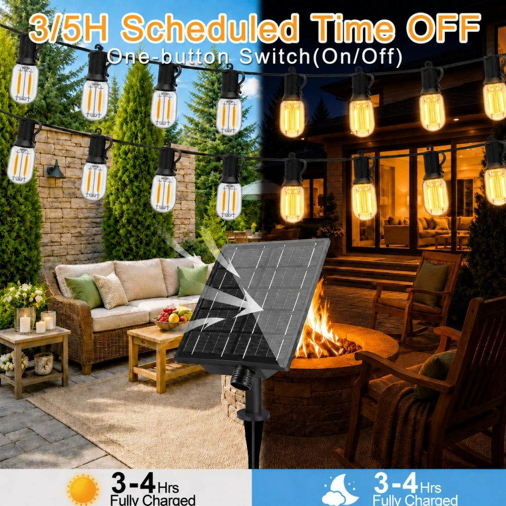 GANRILAND Solar String Lights T22 E12 24V 2700K Dimmable IP44 Waterproof Outdoor Patio Lights with Remote 25 33 49 59FT Lighting