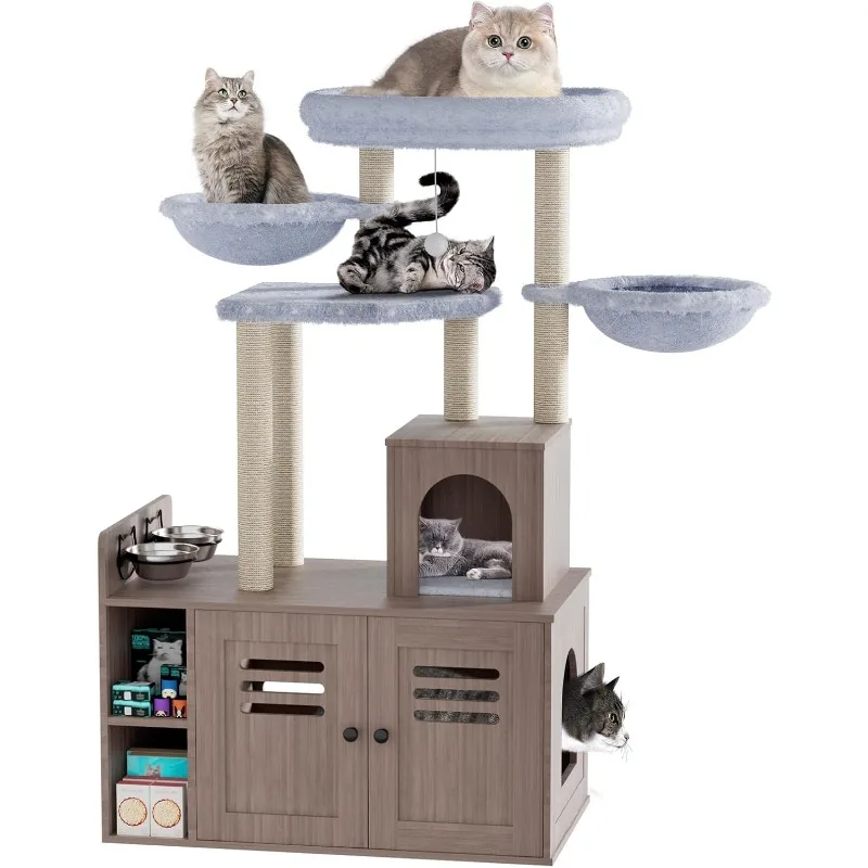 Cat Tree with Litter Box Furniture Hidden Enclosure,Large Platform,Cat House with Scratching Posts and Feeding Station,Wood Gray