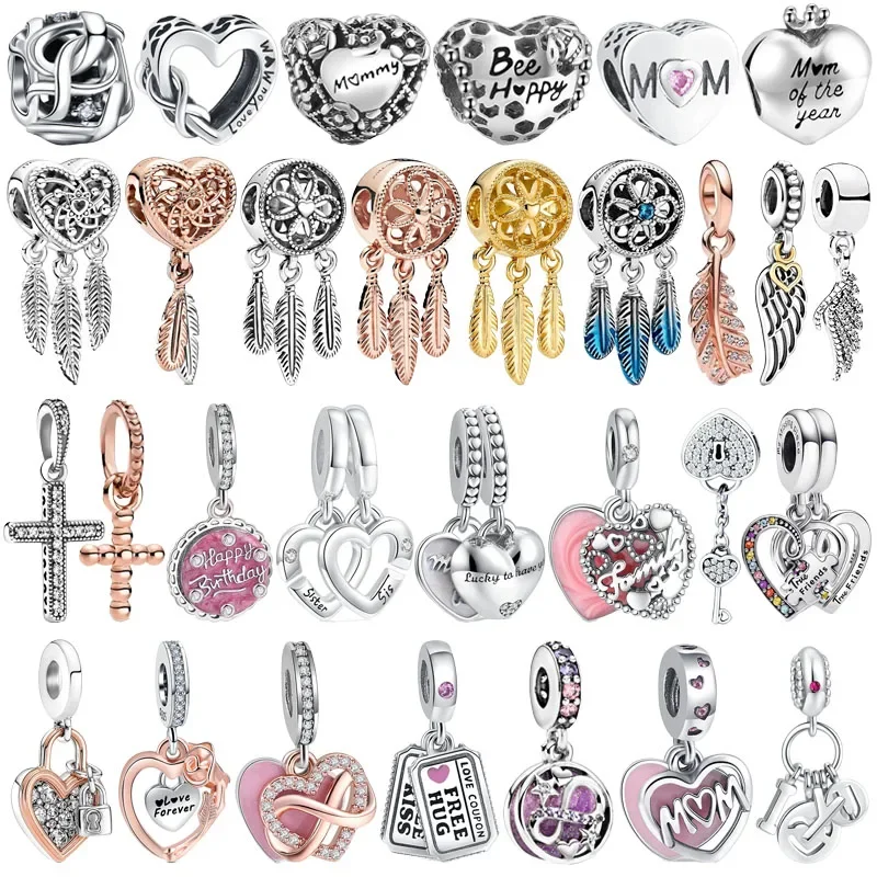 Originale 925 Sterling Silver Pink Dreamcatcher croce cuore ali perline Charms per Pandora braccialetto fai da te donne gioielli fai da te regalo