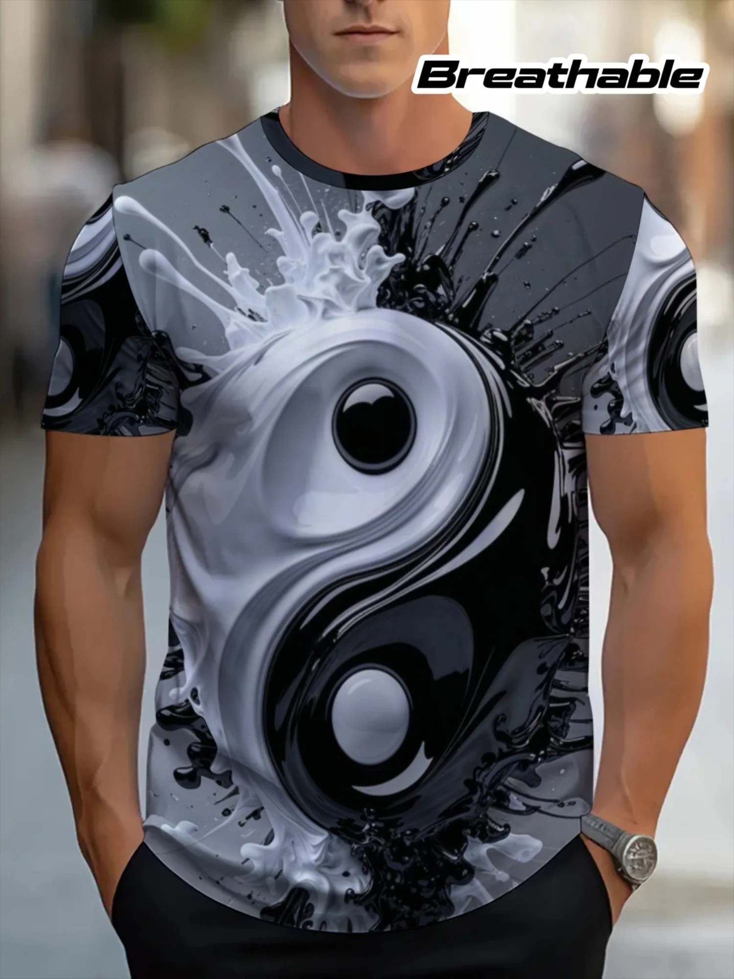 Men Black White Liquid Yin Yang Splash 3D Print Crew Neck T Shirt Summer Short Sleeve Casual Street Tee