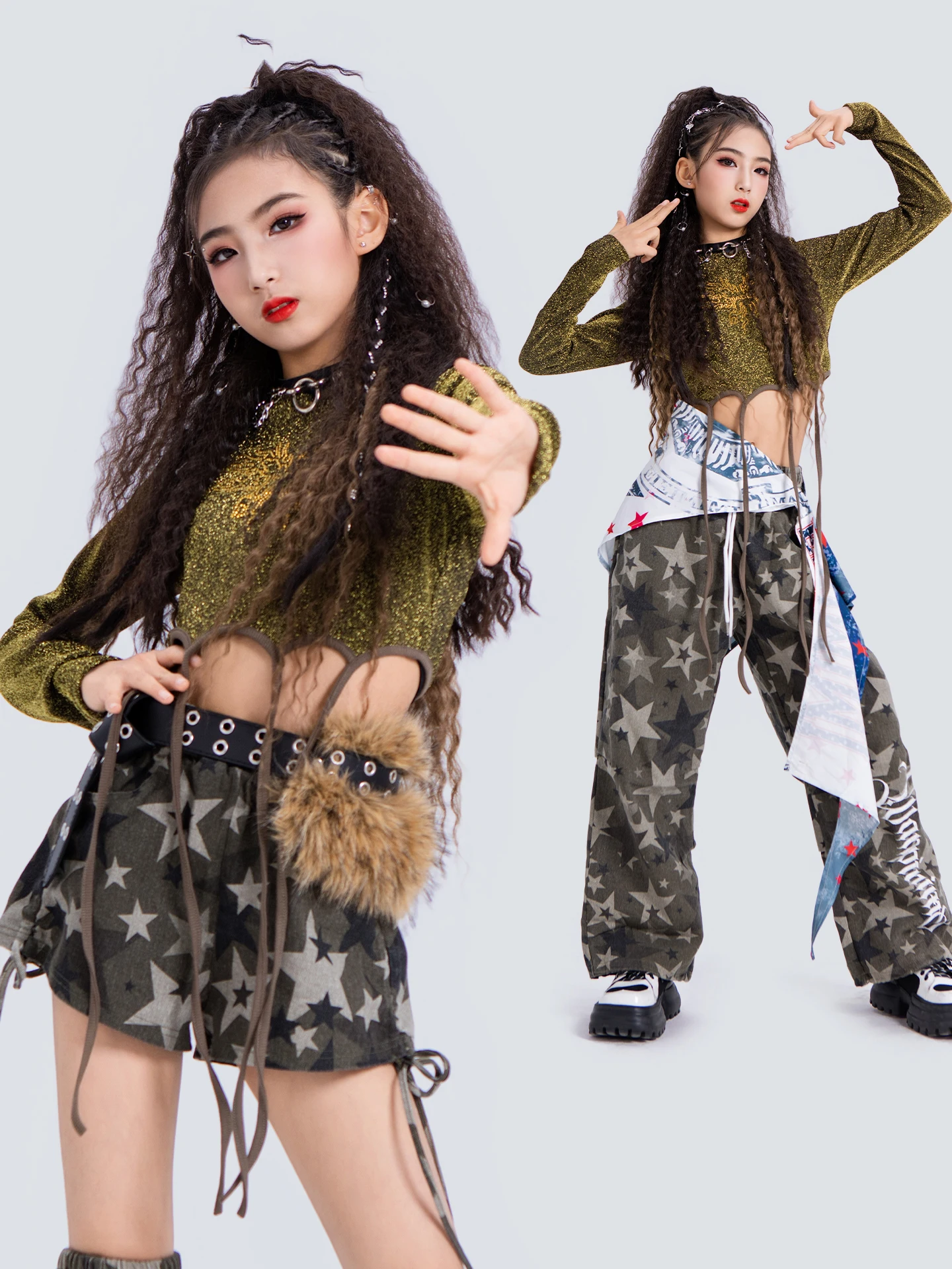 

2025 детские танцевальные костюмы в стиле хип-хоп для девочек, укороченные топы, камуфляжные штаны, уличная одежда, одежда для джаза, рейва, DQS21648