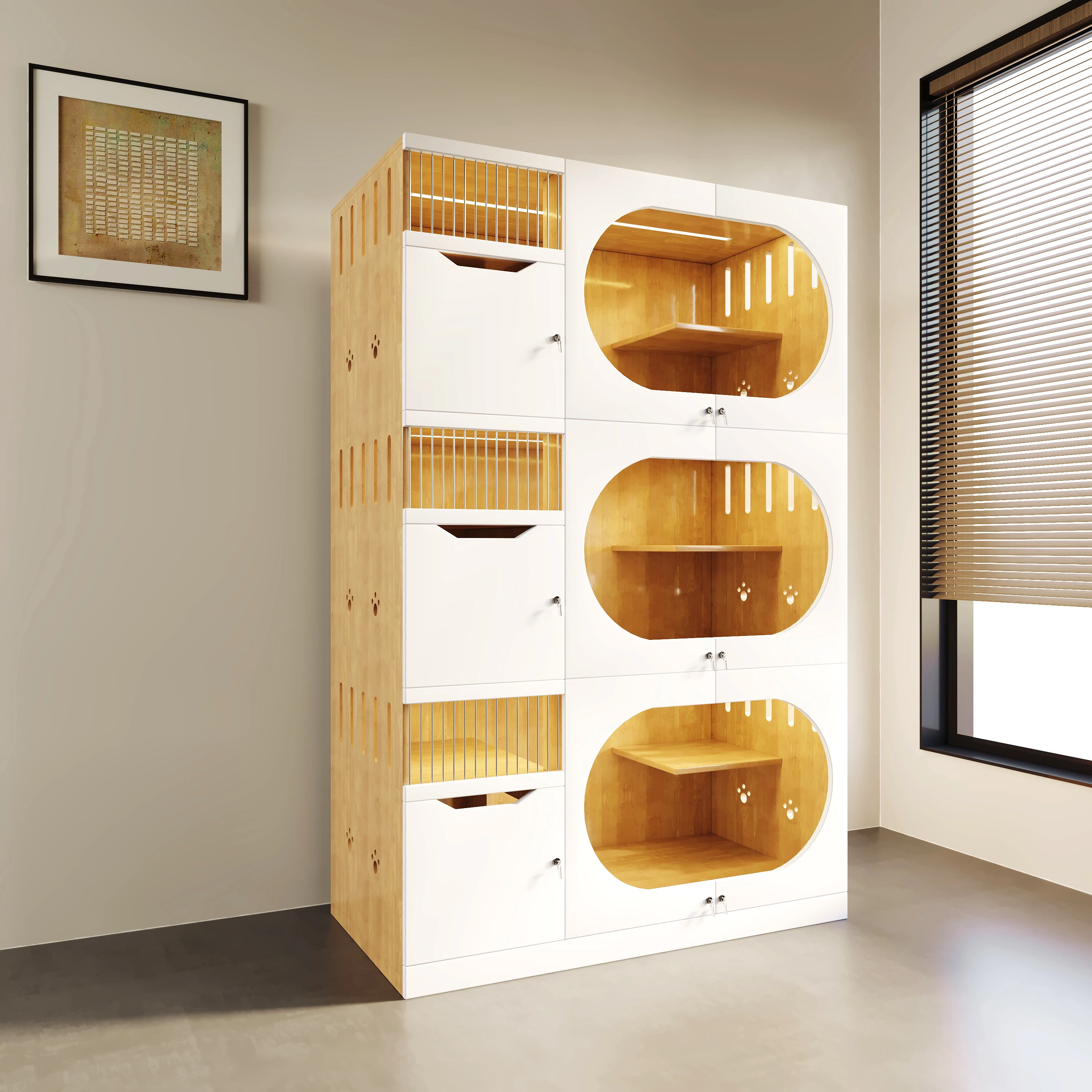 

Luxury Vintage Solid Pine Wood Cat Cage Tempered Glass Doors Ventilated Panels Multi-Layer for Pet Shops Home Use for Summer