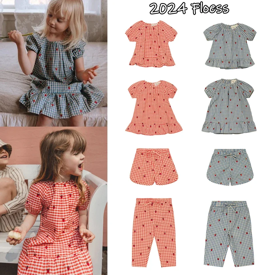 

2024 Floess Brand Summer Girl Clothes Dresses Girls Party Dress Children Short Sleeves Cotton Toddler Baby Shirt Holiday Dress