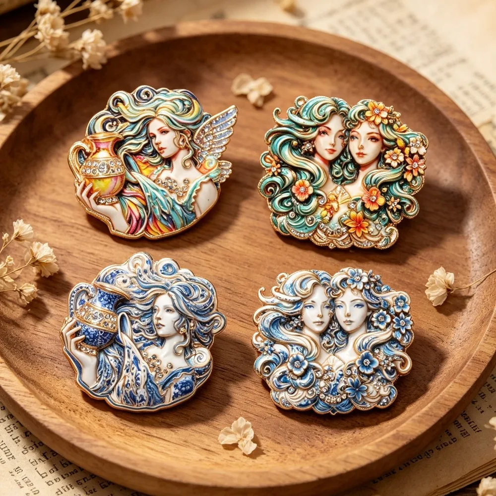 Golden Alloy Aquarius Gemini Lady Brooch Enamel Rhinestone Zodiac Vintage Clothing Pin Women Gift