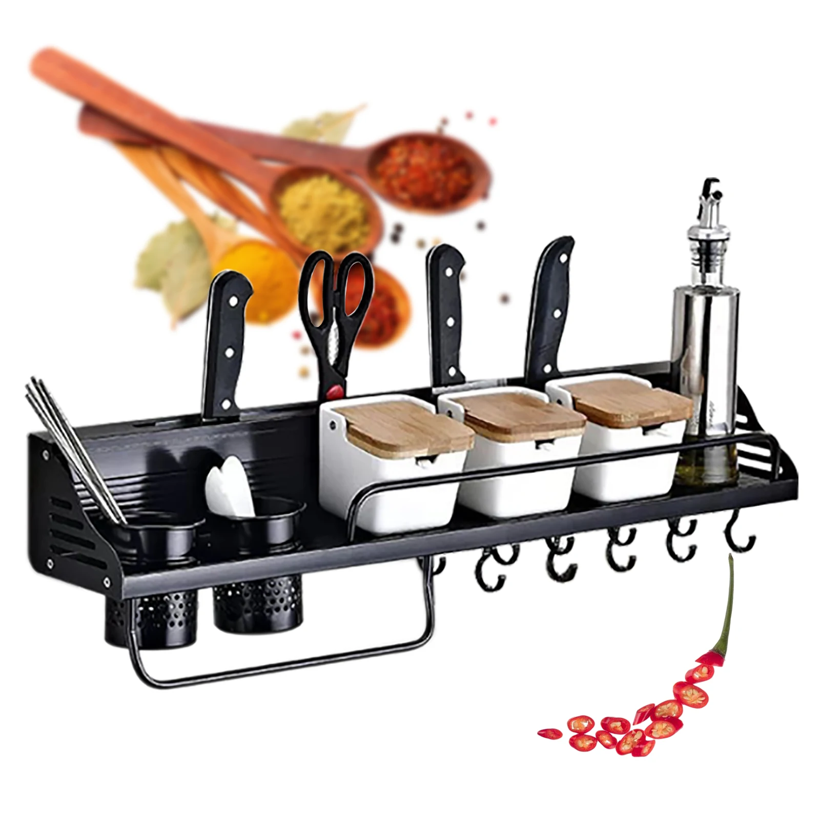 Spice Rack Kitchen Wall Shelf Drilling Hole Installation / Adhesive Kitchen Shelf Hanging Shelf Knife Rack with 10 Hooks