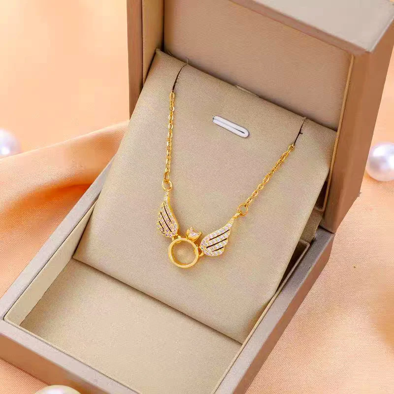 

18K Real Gold AU750 Angel Wings Ring Necklace with Cubic Zirconia, Dainty Wedding Bridal Jewelry, Anniversary Gift for Her