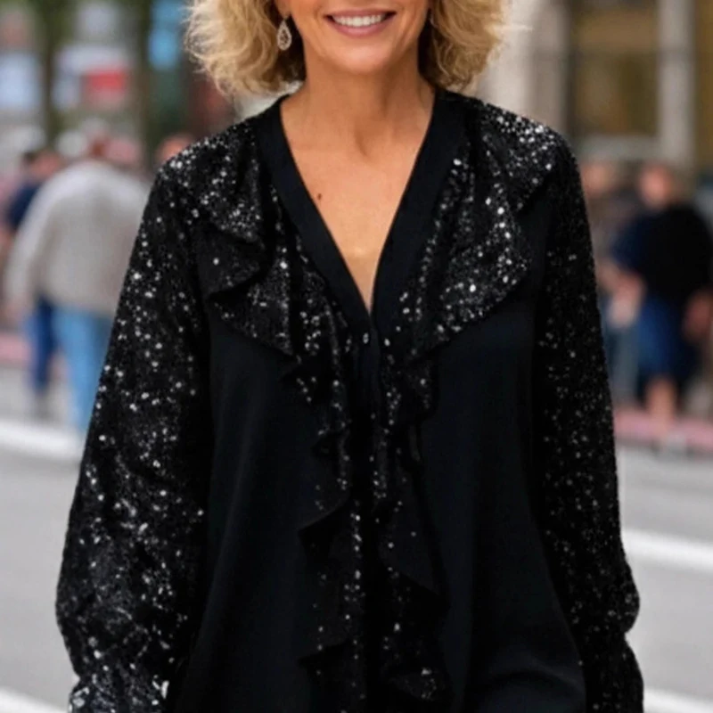 Sexy V Neck Ruffle Sparkly Sequin Blouse Woman 2026 Spring Fashion Patchwork Office Tops Pullover Autumn Long Sleeve Loose Shirt