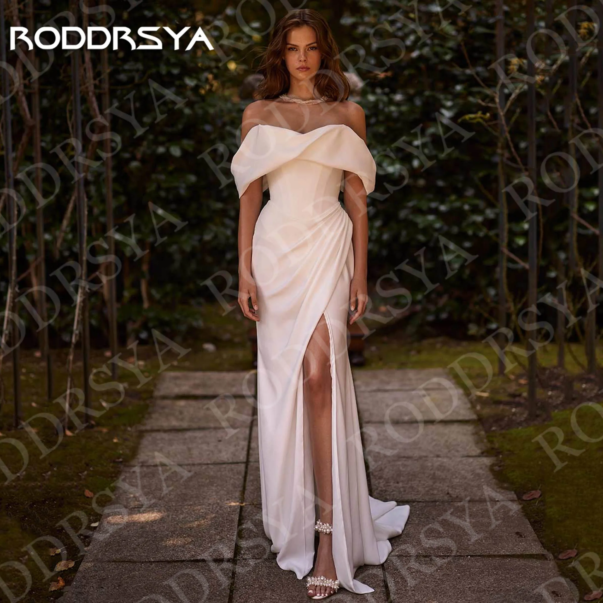 

RODDRSYA Off Shoulder Ivory Wedding Dress vestido de noiva High Slit Mermaid Elegant Simple Bridal Dress Civil Woman Customized